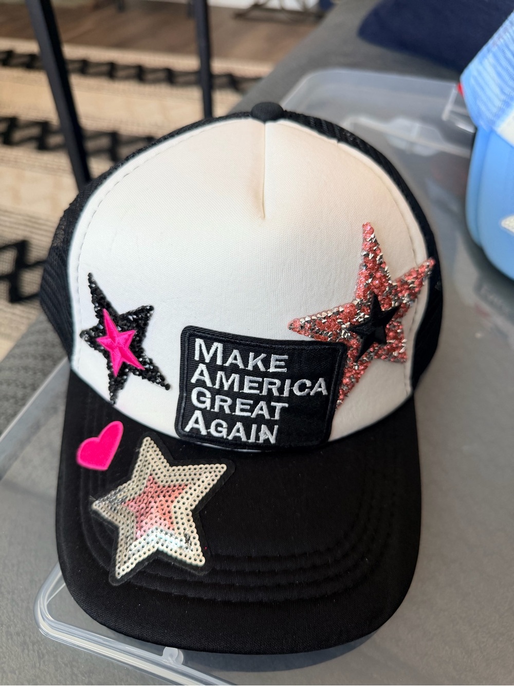 White and Black Trucker Hat with Star Patches & 'Make America Great Again' Patch